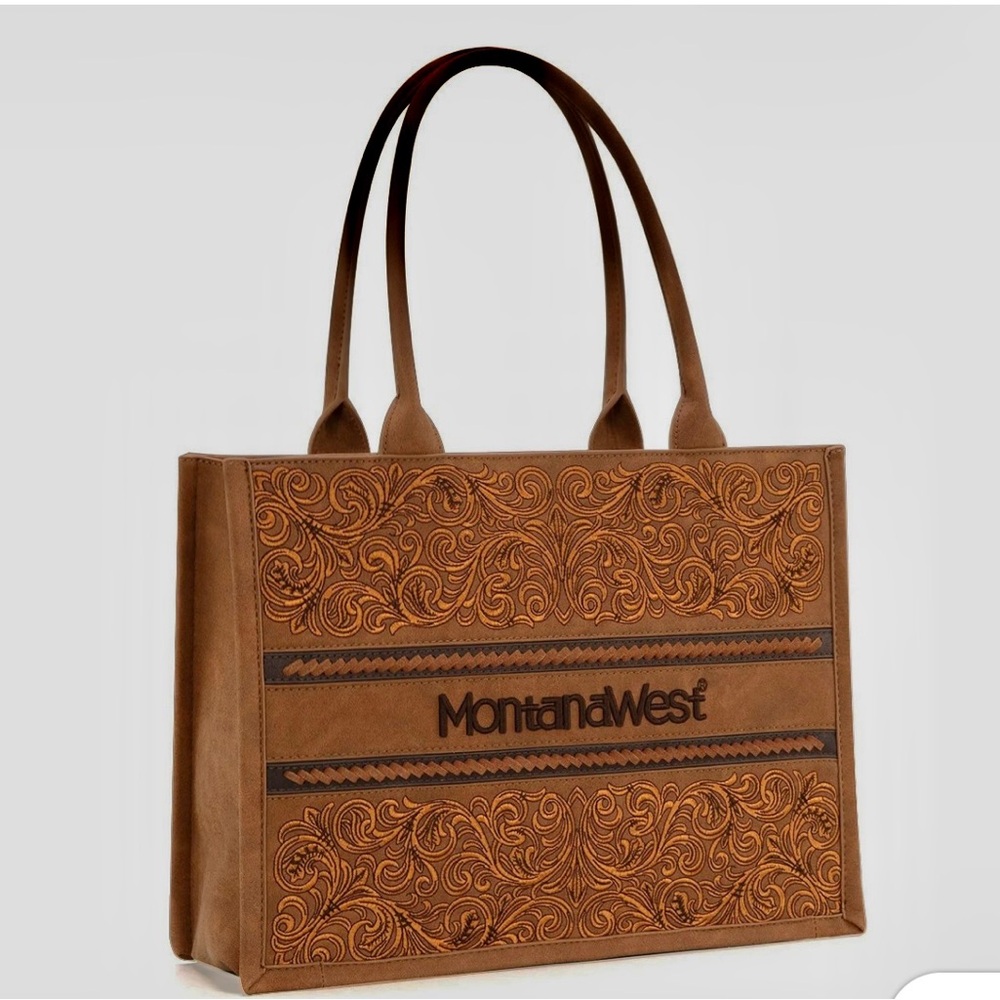 Montana West Brown Tooled Leather Tote Bag